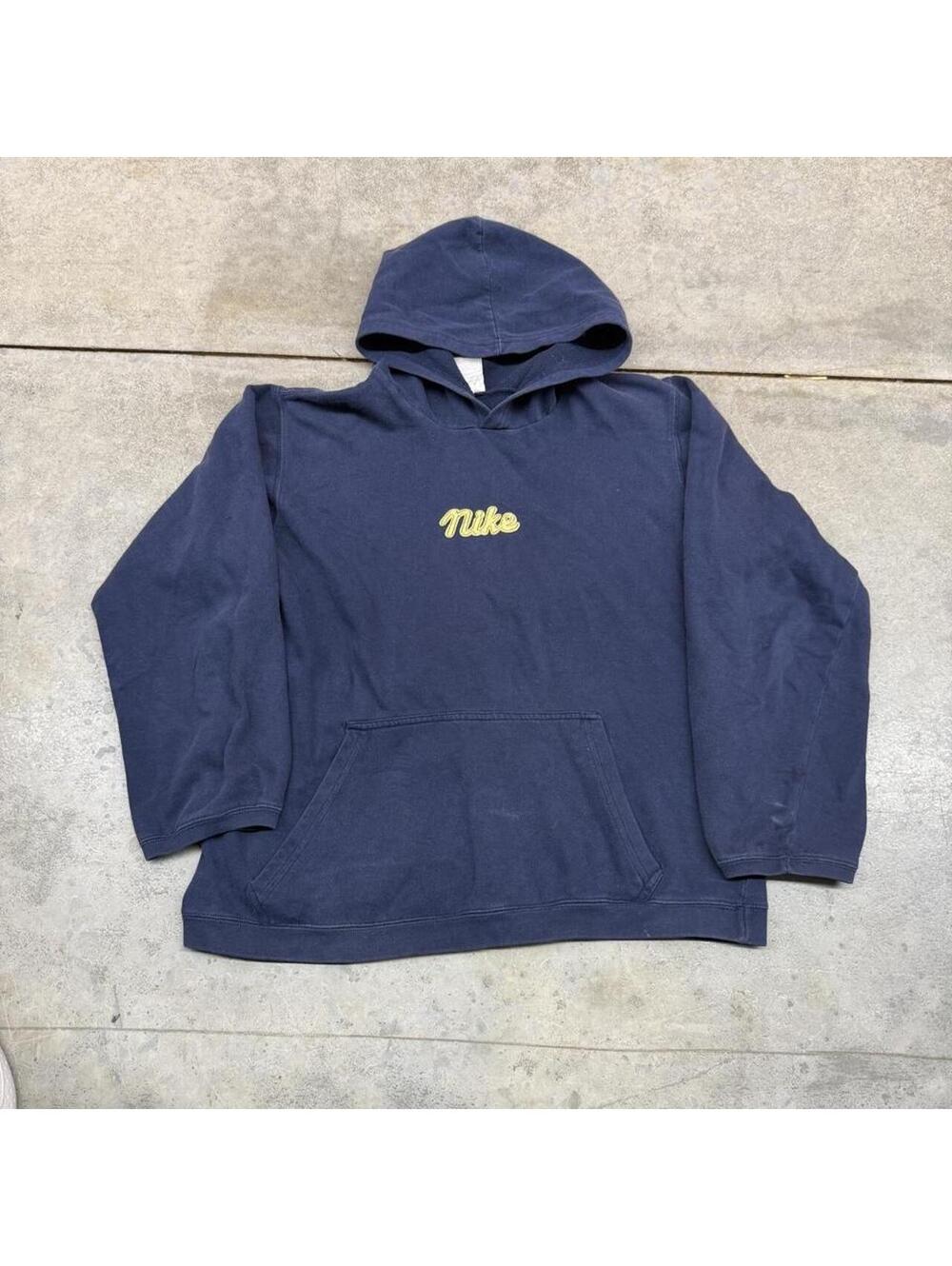 vintage nike navy blue and green spell out hoodie size medium WOMENS